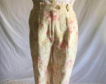 vintage 90s weekend max mara linen pleated high waist pants made in italy floral roses print 27