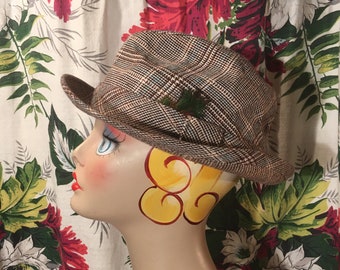 vintage 70s stetson plaid tweed wool feathered fedora hat 7 1/8