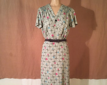 vintage 40s womens cement grey abstract pink blue orb atomic print pleated shoulder rockabilly pin up cross body shirt day dress