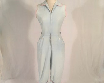 vintage 50s faded blue cotton zip up candy stripe trim playsuit jumpsuit romper