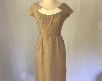 vintage 50s handmade zip back short sleeve fitted brown w/white pin striped sheath day dress