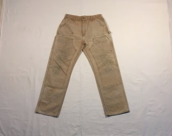 vintage carhartt b01 made in usa double front brown canvas worn in sun faded work dungaree pants 34 x 32