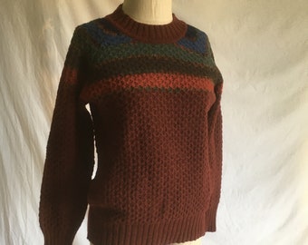 vintage 70s renee tener for outlander pure wool maroon striped kangaroo pocket pullover sweater knit top 1970s hippie boho preppy