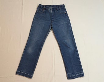 vintage 70s levis 701 0117 made in usa button fly blue jeans raw hem 29 x 27 1/2