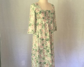 vintage 60s liberty house by hawaii light sage green floral square neck full length smock dress hawaiian hippie boho aloha goddess gown