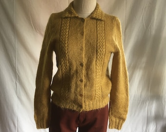 vintage 50s hand knit button up cable knit fuzzy mohair curry cardigan collar sweater