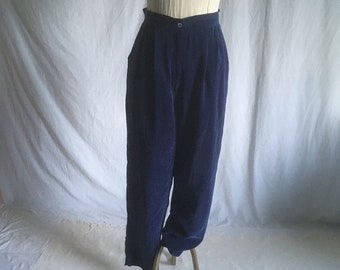 vintage 90s blue rayon high waist drapey pleated trousers 1990s elastic back lagen look style fashion made in usa