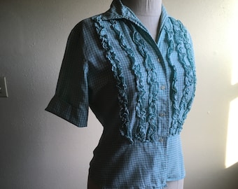 vintage 50s fritzi of California button up checkered gingham plaid turquoise blue white cotton ruffle womens short sleeve collar blouse