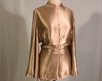 vintage 30s angel wing bat wing bell sleeve liquid bronze satin glamour blouse tie back side zip art deco old hollywood cocktail gala