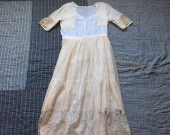 vintage early 1900s antique white silk tulle lace embroidered Edwardian victorian dress