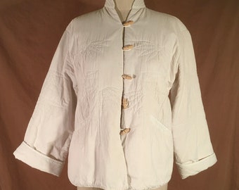 vintage 70s handcrafted in thailand for marco polo world traveler natural white cotton wooden toggle asian quilt jacket