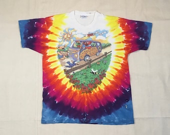 vintage 90s 1994 Grateful Dead the bus came by and I got on summer tour tie dye David Opie liquid blue t shirt made in usa