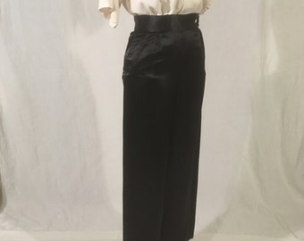 vintage 40s black silk side button high waist palazzo pajama beach pants w26 wide leg bohemian 1940s fashion