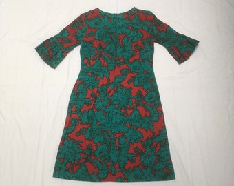 vintage 60s handmade red green tropical asian print flutter sleeve zip back dress womens 1960s fashion homemade original ooak style