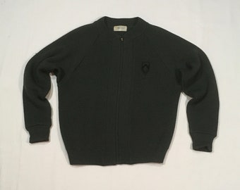 vintage 50s SKM Seattle knitting mills dark green zip up ribbed wool shaker sweater 1950s cardigan