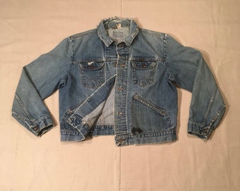 giacca da camionista Wrangler vintage anni '60 in denim selvedge, usurata, abbigliamento western, abbigliamento da lavoro invecchiato