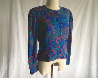 vintage 80s adrianna papell pure silk blue purple pink abtract print shoulder pad blazer blouse 1980s womens power suit fashion