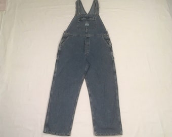 vintage 90s Lee riveted light wash blue jean bib coveralls made in usa 38 x 29