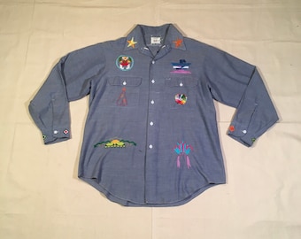 vintage 70s jc penney big mac chambray shirt selvedge embroidered polar bear blue  hippie workwear