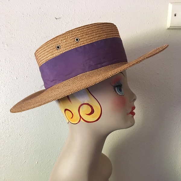 vintage italian toscani ponte rialto venezia straw boater flat top broad purple ribbon band brim hat made in italy