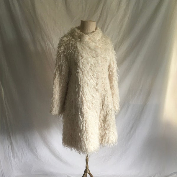 vintage 60s joseph magnin mongol fabric white faux fur shag glenoit womens winter coat 1960s mod hippie boho sherpa