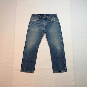 vintage 80s lee riders leather patch talon 42 zipper worn in distressed patina denim blue jeans union made in usa 34 x27
