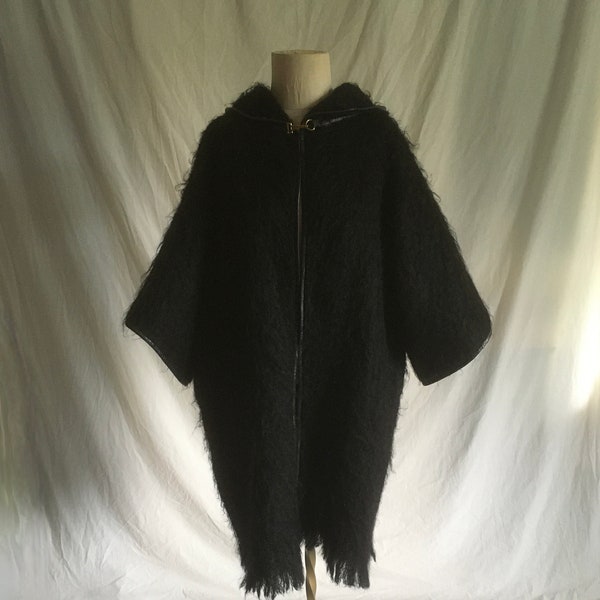 vintage 60s black hooded shaggy mohair coat bonnie cashin design sills and co fuzzy blanket jacket womens 1960s fashion