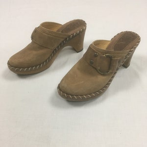 vintage 2000s frye charlotte clogs women&#39;s 6 harness mules leather slip on high heel platform made in brazil