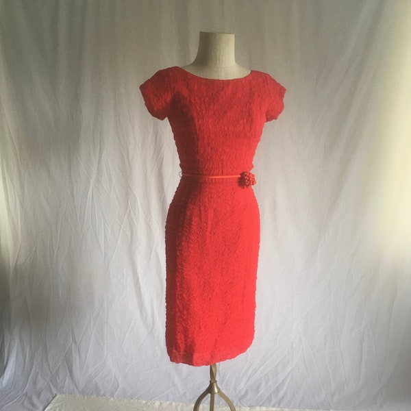 vintage 50s red chiffon pucker pleat bombshell wiggle dress boat neck zip back v 1950s evening cocktail charles berg portland fashion 1950s