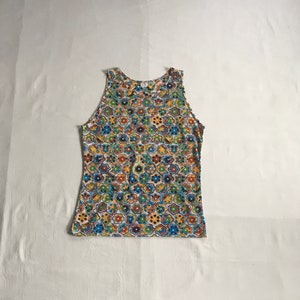 vintage 60s munsingwear tri color nylon neuheit abstrakt floral op art print tank top ärmelloses shirt 1960er hippie mod psychedelic style