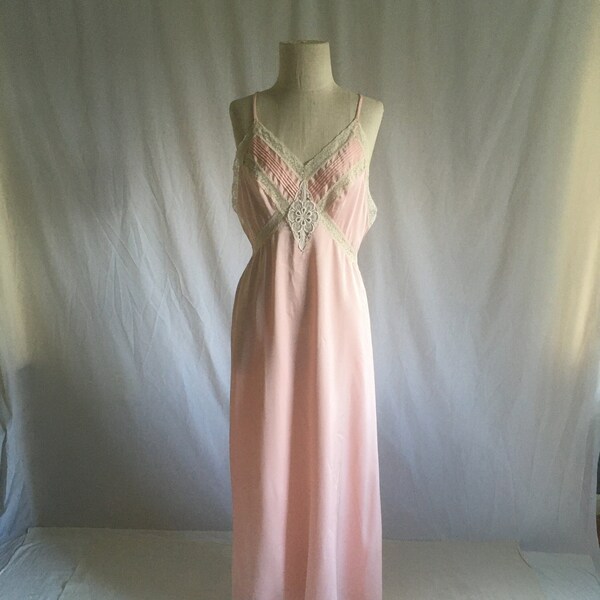 vintage 70s rubor rosa antiguo encaje blanco maxi camisón dormitorio vestido slip lencería 1970s hace estilo 1930s