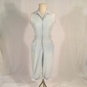 vintage 50s faded blue cotton zip up candy stripe trim playsuit jumpsuit romper