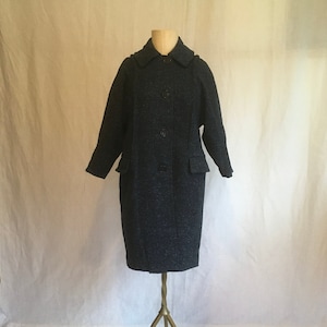 Abrigo de tweed original vintage de Kay McDowell para mujer, años 50, chaqueta azul y negra con botones, moda de mediados de siglo.