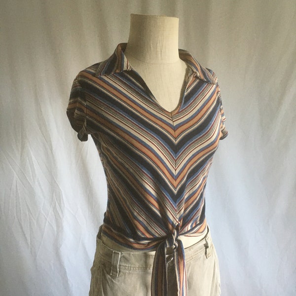 vintage 90s does 70s chevron striped tie waist collared t shirt anxiety cafe