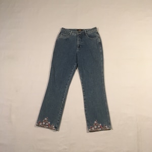 vintage 90s route 66 stone washed floral embroidered flowers high waist blue jeans grunge goth hippie boho wedge denim femme