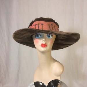 vintage 10s 20s Leschin Inc. importers chicago womens big hat brown velvet wide brim felt fur trim 1910s 1920s milliner suffragette art deco