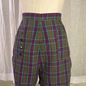 vintage 40s womens plaid high waist sanforized cotton zip back shorts w27 madras bermuda rockabilly