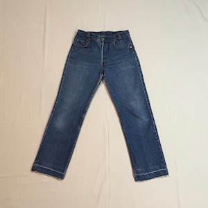 vintage 70s levis 701 0117 made in usa button fly blue jeans raw hem 29 x 27 1/2