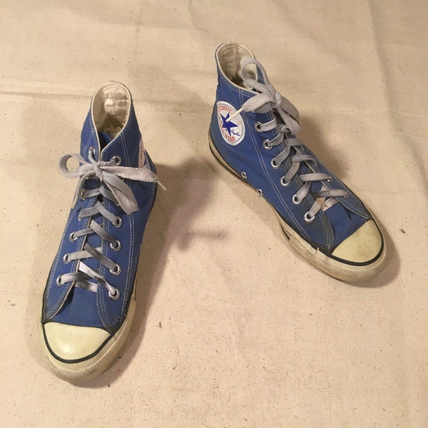 vintage 80s converse chuck taylor all star cornflower blue canvas hi top sneakers made in usa women's size 6, 6 1/2