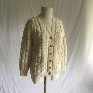 vintage 80s cable knit natural white wool cardigan fishermans sweater handmade