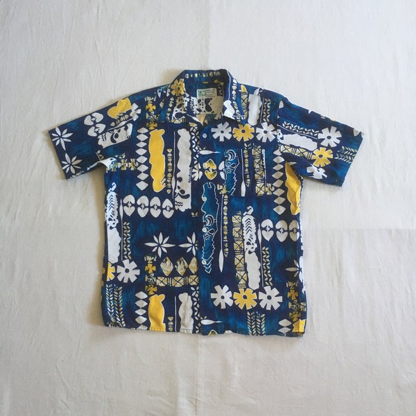 vintage 50s kauai hawaiian shirt loop collar batik print aloha made in singapore hawaii polynesian style 1950s mens fashion mcm rockabilly