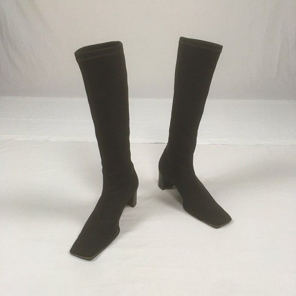 vintage 90s dark brown stretch boots chunky square toe womens 39 1/2 made in italy 1990s runway fashion style high heel skin tight leg hug