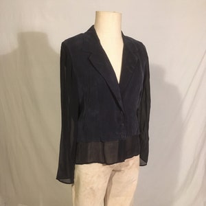 vintage 90s wild rose dark blue rayon bemberg peplum blazer blouse see through long sleeves shoulder pads 1990 fashion lagenlook minimailst