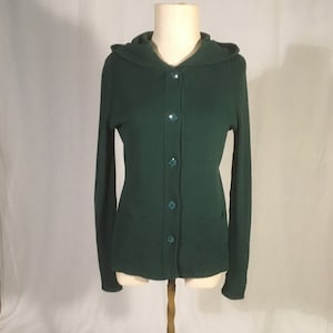 vintage 70s young east forest green button up hooded cardigan sweater wool blend made in hong kong 1970s knit hoodie hippie boho