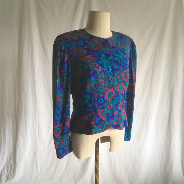 vintage 80s adrianna papell pure silk blue purple pink abtract print shoulder pad blazer blouse 1980s womens power suit fashion