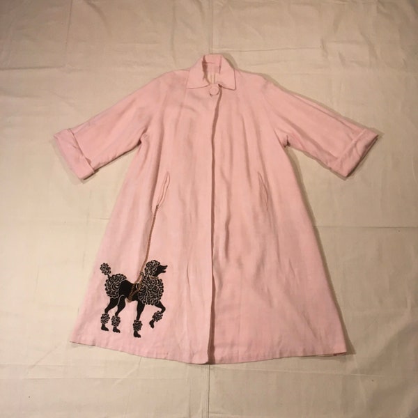 vintage 50s flocked black poodle on a chain leash pink swing coat walking the dog womens mid century jacket