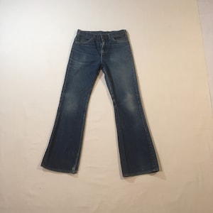 vintage 70s blue jeans talon zipper bell bottom jc penney plain pocket worn patina denim high waist dungarees 29 30 hippie boho 1970s