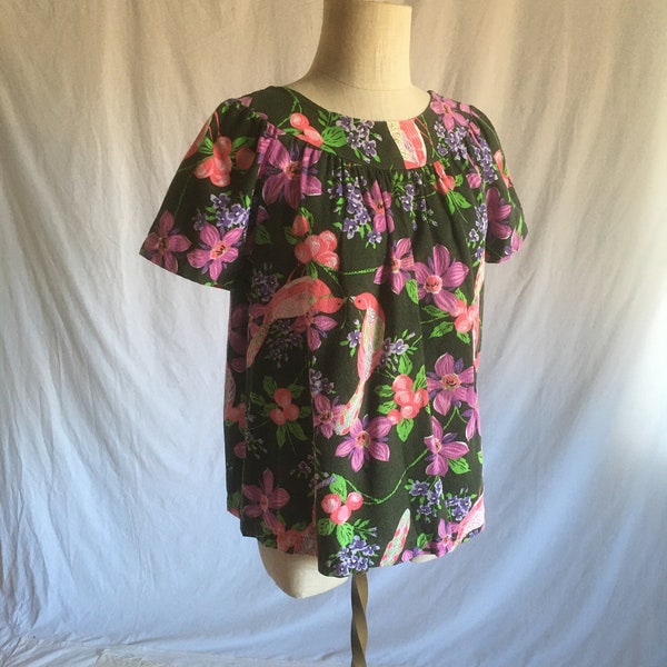 vintage 60s barkcloth pink birds floral blouse 1960s handmade ooak womens clothes rockabilly tiki