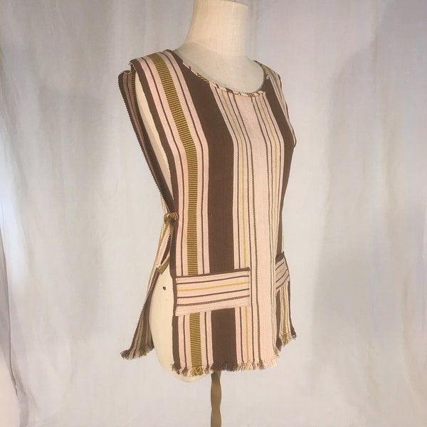 vintage cotton brown chartreuse striped pull over side tie smock apron fringe vest bohemian artisan textile