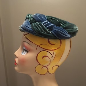 vintage 50s styled y coral braided velvet blue green net top ladies crown mini hat mid century fashion head piece
